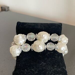 Pair of Vintage-Style Faux Baroque Pearl & Iridescent Crystal Stretch Bracelets